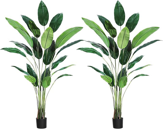 7ft Artificial Bird of Paradise Plant, Tall Faux Plants with 20 Trunks Faux Leaves, Artificial Plants Indoor Outdoor with Black Nursery Pot for Home Decor Office Living Room 2 Pack