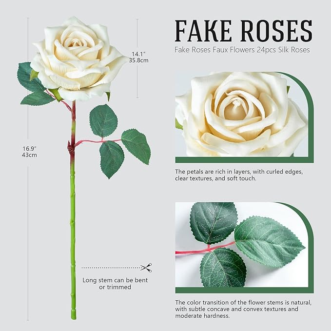Fake Roses Faux Flowers 24PCS Silk Roses Artificial Roses with Stems Realistic Artificial Flowers Suitable for Indoor Home Decoration DIY Bouquet Wedding Decor Party Decor 16.5In (White)