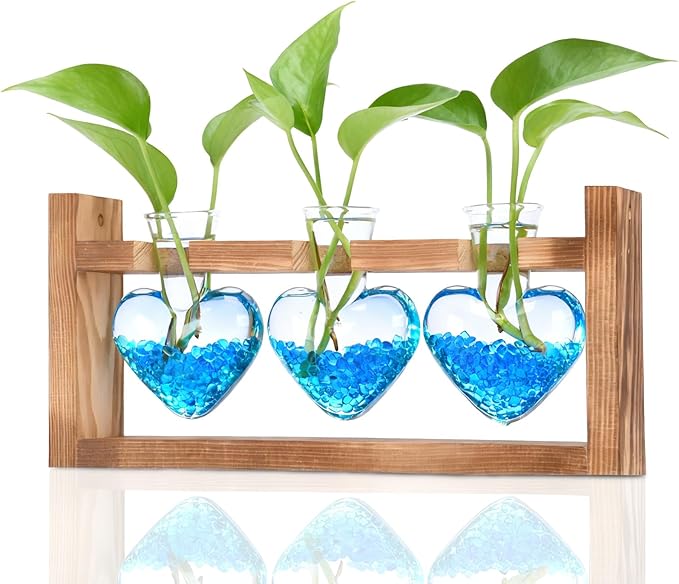 Nacome Plant Terrarium Propagation Stations: Christmas Gifts for Plant Lovers Women Mom Wife - Wooden Stand Tabletop Planter 3 Bulb Glass Vase Heart Shaped for Hydroponics Indoor Home Office Decor