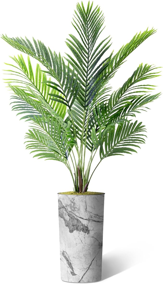 Artificial Tree in Gray Marble Effect Planter, Fake Areca Tropical Palm Silk Tree for Indoor and Outdoor Home Decoration - 66" Overall Tall (Plant Pot Plus Tree)