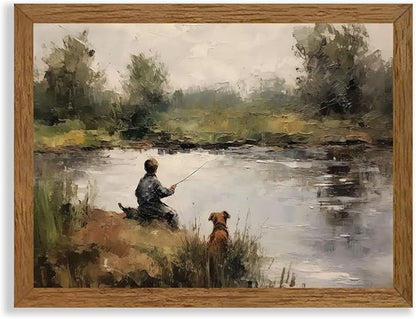 Wojuin Framed Vintage Boy Fishing Canvas Wall Art, Child with Pole and Puppy Artwork Wall Decor, Country Farmhouse Boyhood Dog Paintings Prints for Nursery Living Room Bedroom Bathroom 8x10 in