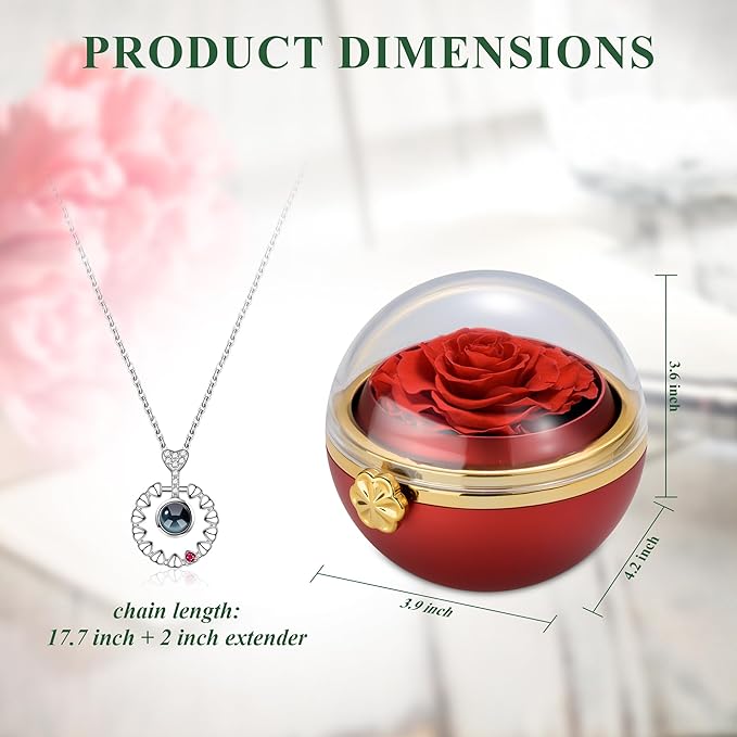 Preserved Real Red Rose with “I Love You” Necklace 100 Languages, Romantic Rose Gifts for Women, Mom, Wife, Girlfriend, Birthday, Anniversary, Mothers Day