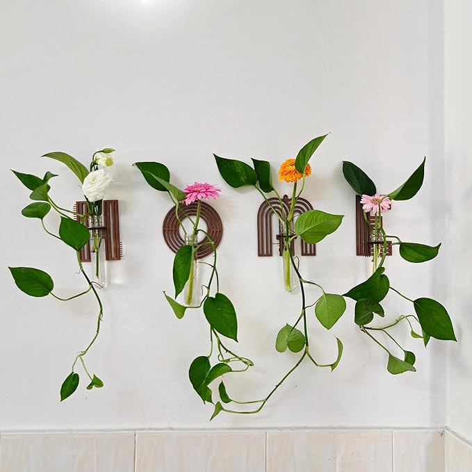 Wood Letter Wall Planter Terrariums Propagation Station with Test Tube Clear Flower Vase for Hydroponics Custom Vertical Garden Walnut DIY Home Decor Hanging Plant Holder Alphabet