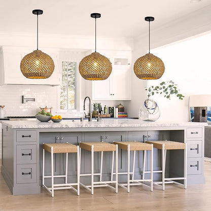 Farmhouse Rattan Pendant Lights, 13.8" Wicker Hand-Woven Rustic Chandelier, Round Hanging Light Fixture for Kitchen Island Bedroom Hallway Entry Living Room Dining Coffee Bar