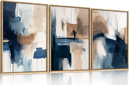 Large Abstract Brush Stroke Framed Canvas Wall Art,Modern Pastel Wall Decor,Neutral Navy Blue Art Prints, Minimalist Watercolor Brown Artwork for Living Room,Bedroom,Dining Room-16"x24"x3