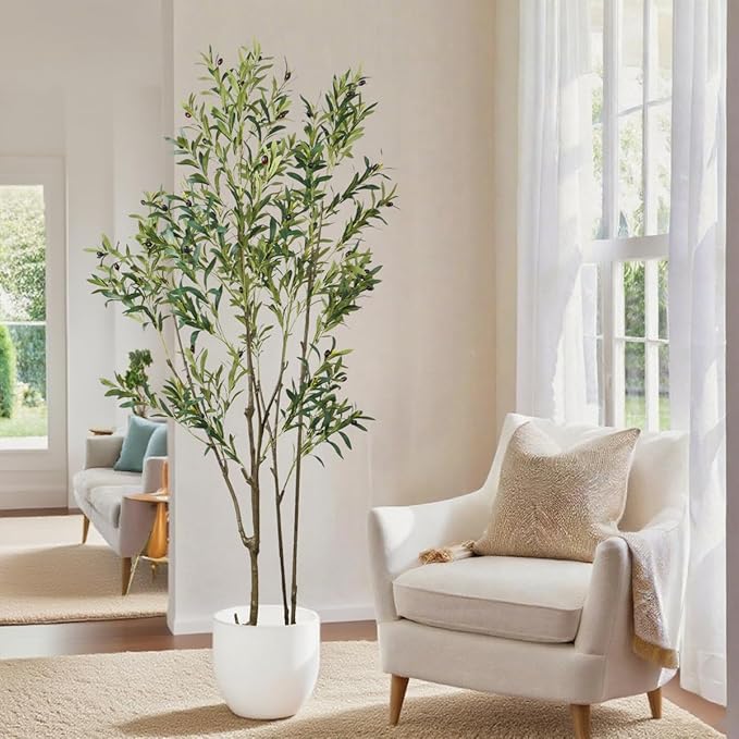 6.89ft Artificial Olive Tree, Faux Olive Tree with Lifelike Fruits, 82.68 Fake Olive Tree with Sturdy Plastic Pot, Artificial Plants for Office Home Living Room Indoor Outdoor Decor