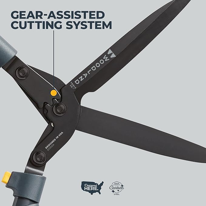 Woodland Tools Super Duty Hedge Shears, 23 Inch Manual Hedge Clippers with 10 Inch Gear-Assist Blades, Power Notch, and Non Stick Coating, Heavy Duty Trimmer for Thick Shrubs and Hedges