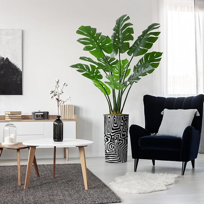 Artificial Tree in Modern Geometric Pattern Planter, Fake Monstera Silk Tree for Indoor and Outdoor Home Decoration - 65" Overall Tall (Plant Pot Plus Tree)