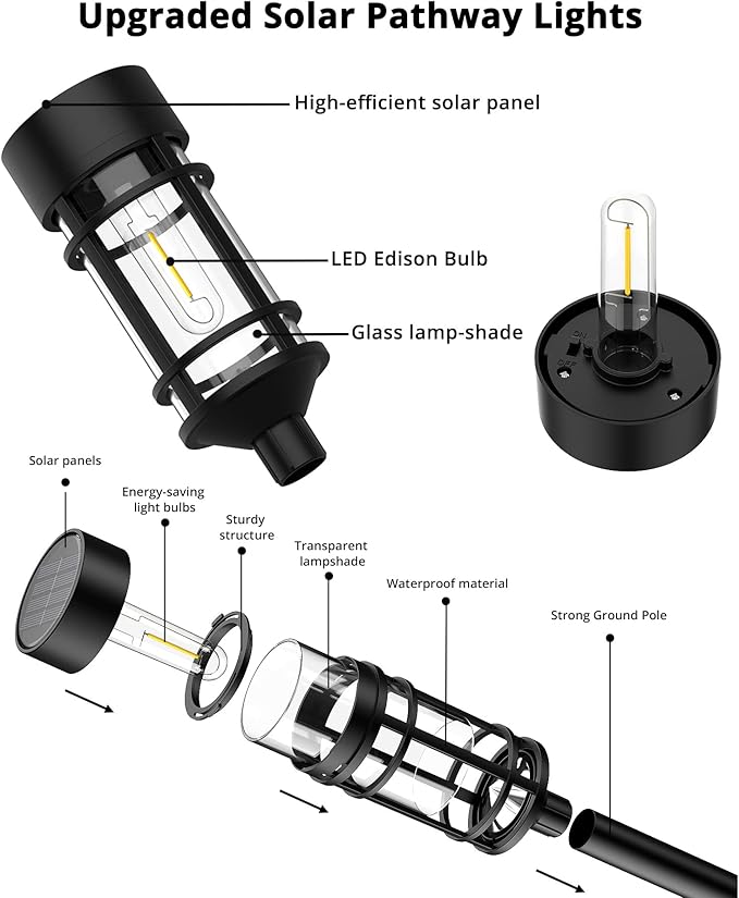 Solar Lights Outdoor Waterproof, 8 Pack Solar Pathway Lights with Metal & Glass, Auto On/Off, Long-Lasting Design for Yard, Landscape, Walkway Garden Decor