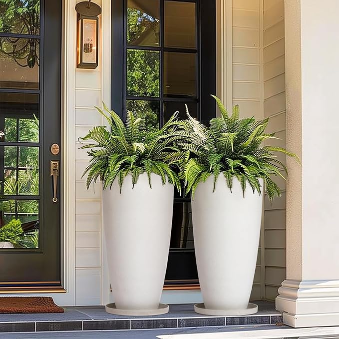 LA JOLIE MUSE 27 Inch Tall White Planters,Set of 2 Tall Round Planters for Indoor Plants with Trays,Modern Tree Planters for Front Door and Patio Deck