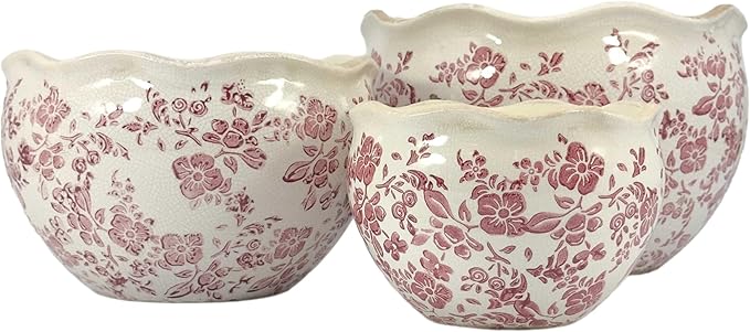 Galt International Ceramic Plant Pots Set of 3 Rustic Vintage Farmhouse Cream Crackle Glaze (11"/ 9.6"/ 7") Garden Indoor Outdoor Flower Planter w/Drainage Hole (Vintage Red)