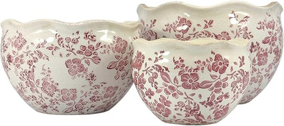 Galt International Ceramic Plant Pots Set of 3 Rustic Vintage Farmhouse Cream Crackle Glaze (11"/ 9.6"/ 7") Garden Indoor Outdoor Flower Planter w/Drainage Hole (Vintage Red)