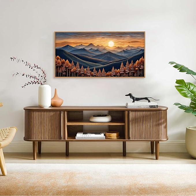 HOURIA Boho Wilderness Sunset Woodland Mountain Framed Canvas Wall Art Set,Vintage Golden Hour Forest Landscape Decor,Natural Modern Pine Tree Botanical Artwork for Living Room,Farmhouse- 40"x20"x1