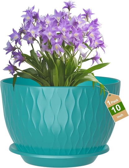 10 Inch Large Plant Pots, Flower Pots with Multi-Mesh Drainage Holes and Saucer, Plastic Planters for Indoor and Outdoor Garden Plants (Black-Green, 10")