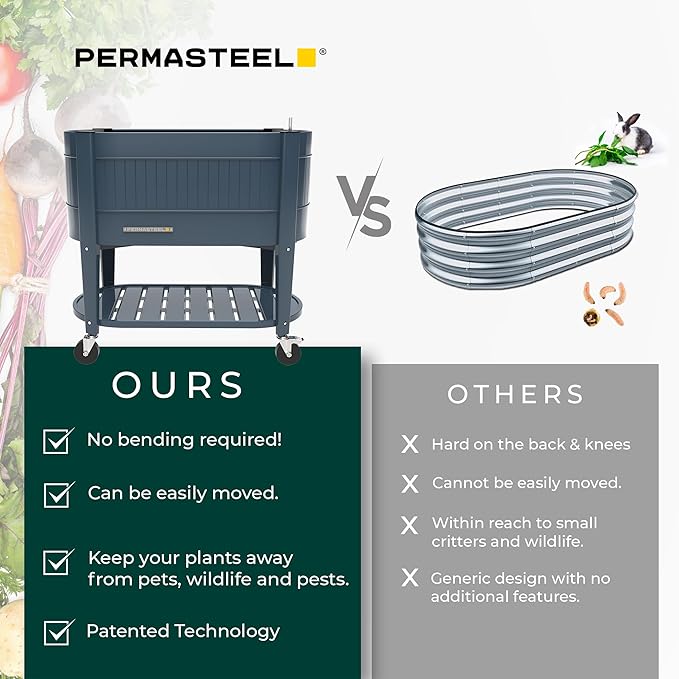 Permasteel Raised Garden Bed with Legs, Planter Box with EnGrow™ TrueSoil™ Technology for Vegetables, Flowers, Herbs, and Fruit, Outdoor Indoor, Storage Shelf, Caster Wheels, Blue