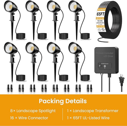 Low Voltage Landscape Lighting Kit, 12W Landscape Lights with Transformer 65FT UL-Listed Wire & Connectors, 2700K Waterproof Outdoor Garden Lights for Yard House Tree 12V-24V 8Pack