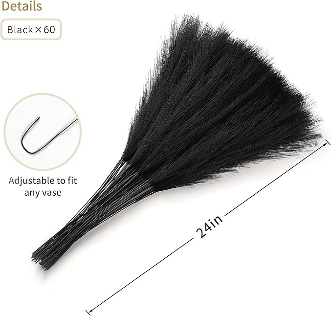 60pcs Black Pampas Grass - 24 Inch Faux Pampas Grass Decor, Short Artificial Pampas Grass for Gothic Room Decoration, Wedding, Party, Halloween and Home Decor (Black)