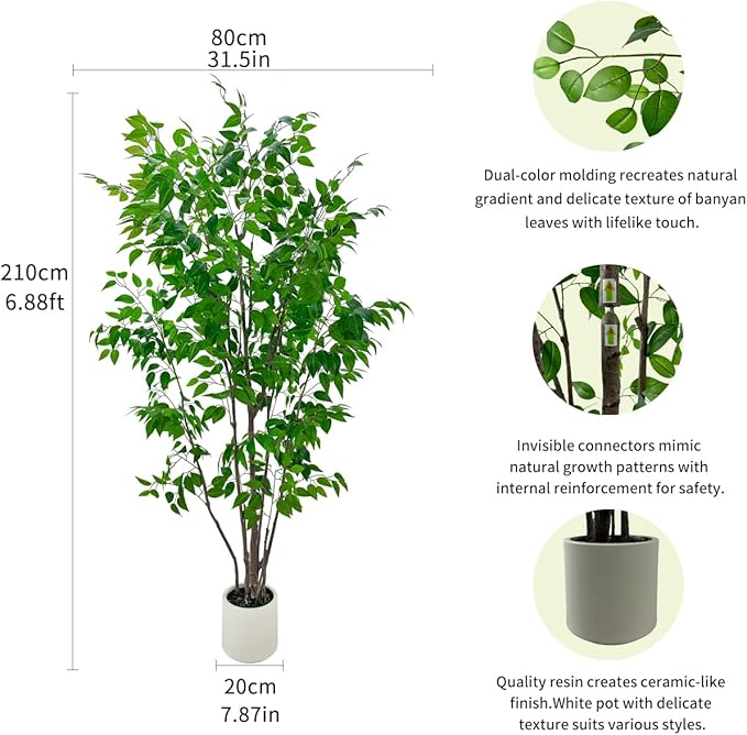 Artificial Ficus Tree with Green Leaves, 7ft Tall, Indoor Plant with Decorative Beige Planter