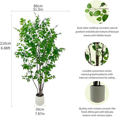 Artificial Ficus Tree with Green Leaves, 7ft Tall, Indoor Plant with Decorative Beige Planter