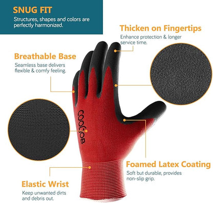 COOLJOB Gardening Gloves for Men, 2 Pairs Breathable Rubber Coated for Garden Weeding Landscaping, Outside Work for Lawn Yard, Men's Xlarge Size, Black & Red