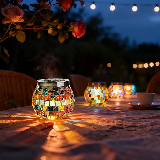 Cooo 2 Pack Landscape Lighting Path Lights Heavy Solar Mosaic Lantern with RGB Color-Changing Light – Dual Solar Panels, Red Amber Glass Tiles, Waterproof Outdoor Christmas Decorations