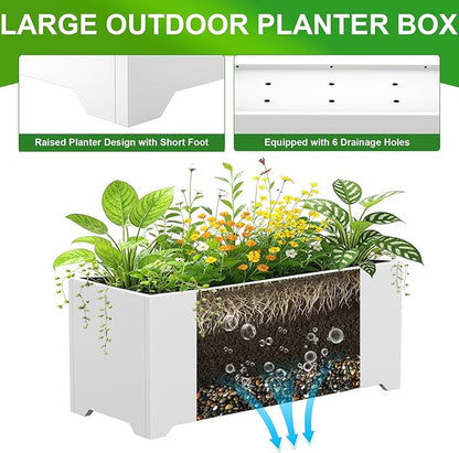 Metal Planter Box 36"L x 15"W x 15"H, Large Outdoor Rectangle Planters with 6 Drainage Holes & Raised Bottom, All-Weather Garden Planter Box for Patio, Lawn, Commercial & Residential, White