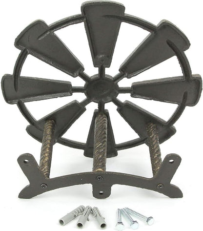Bronze Finish Cast Iron Farmhouse Windmill Decorative Wall Mounted Garden Hose Hanger Outdoor Hose Holder Decor - 12 Inches in Diameter - Simple Installation