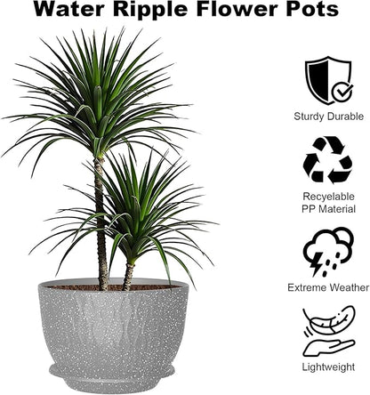 10 inch Large Plant Pots, Flower Pots with Multi-Mesh Drainage Holes and Saucer, Plastic Planters for Indoor and Outdoor Garden Plants (Speckled Grey, 10")