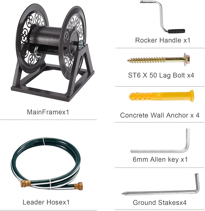 Garden Hose Reel Decorative Cast Wall/Floor/Wood Studs Mount Hose Reel, Garden Heavy-Duty Water Hose Holder Winder Holds 108-Feet of 3/4-Inch Hose - Bronze