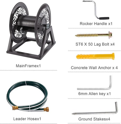 Garden Hose Reel Decorative Cast Wall/Floor/Wood Studs Mount Hose Reel, Garden Heavy-Duty Water Hose Holder Winder Holds 108-Feet of 3/4-Inch Hose - Bronze