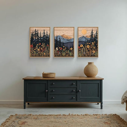 HOURIA Mid Century Woodland Mountain Framed Canvas Wall Art Set,Vintage Natural Sunset Wildflower Forest Field Decor,Wilderness Boho Floral Pine Tree Landscape Artwork for Living Room,Office-16"x24"x3