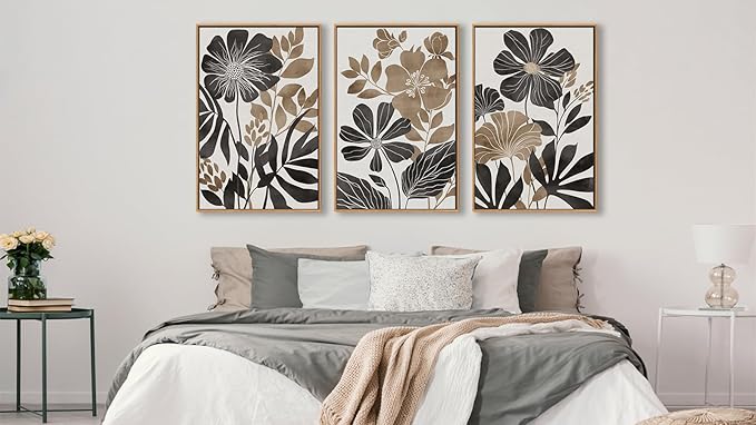 Large Framed Canvas Wall Art - Natural Float Framed Rustic Black Flowers Leaves Pictures Decor Brown Floral Foliage Artwork for Bedroom Living Room Kitchen Home Office Decoration 60" X 28" Set of 3