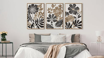 Large Framed Canvas Wall Art - Natural Float Framed Rustic Black Flowers Leaves Pictures Decor Brown Floral Foliage Artwork for Bedroom Living Room Kitchen Home Office Decoration 72" X 36" Set of 3