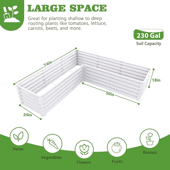 A ANLEOLIFE L-Shaped Galvanized Raised Garden Beds Outdoor,74x74x18in Large Metal Planter Box for Planting Vegetables Flowers Herb, Anti-Rust & Easy-Setup, Antique White