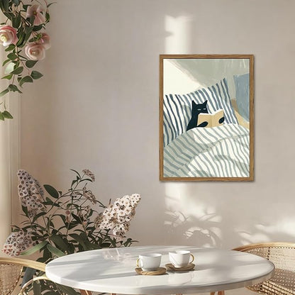 Funny Black Cat Wall Art Painting, Whimsical Cat in Stripe Bed Reading Wall Decor, Cute Animal Book Lover Blue and White Poster Canvas Prints for Bedroom Living Room 16x24 inch Wood Framed