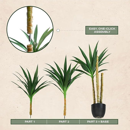 Hyper Realistic Dracaena 5ft Tall - Real Touch & VU Protected Faux Yucca Floor Plant in Pot- Artificial Agave Plant Fake Tree with Black Planter