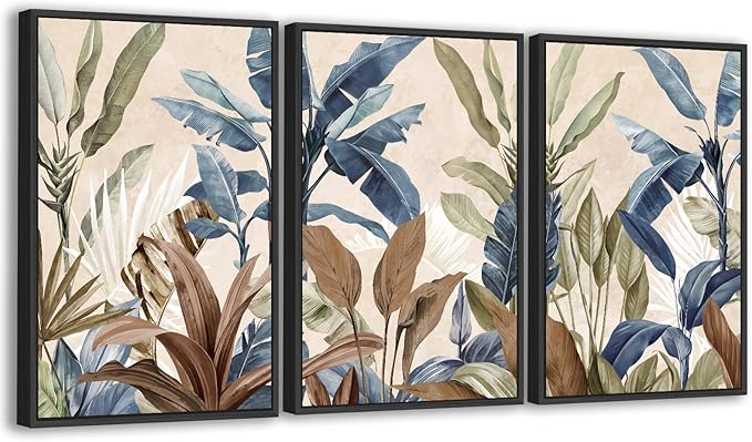 Large Framed Botanical Wall Art - Tropical Leaf Wall Decor 16"x24" Set of 3 Beige Boho Art Prints Minimalist Palm Painting Rustic Plant Canvas Pictures for Living Room Bedroom Office Artwork