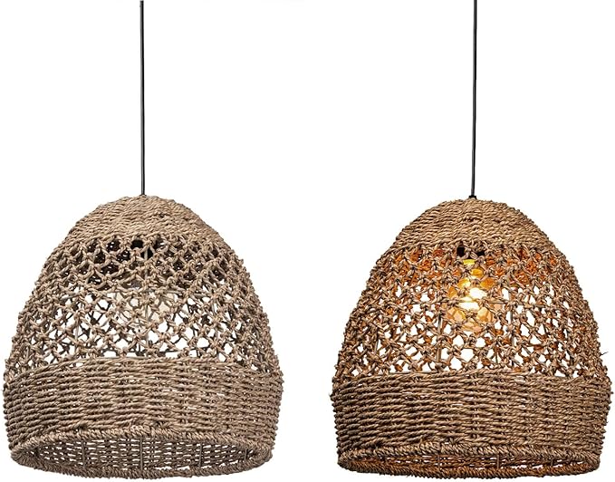 Arturesthome Woven Pendant Light, Modern Boho Hanging Lamp with Handwoven Rattan Shade, Farmhouse Coastal Pendant Light Fixtures for Kitchen Island, Dining Room, Bar, Foyer Hallway D 13.7in