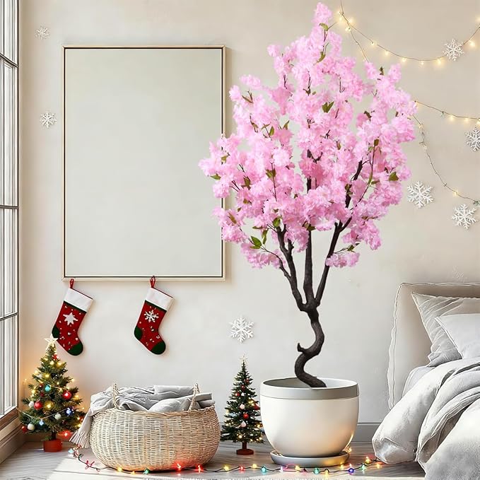 7FT Artificial Cherry Blossom Tree Beautiful Sakura Flower Tree Indoor Faux Pink Tree for Home Christmas New Year Decor