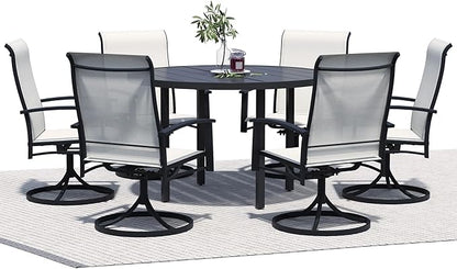 7 Piece Outdoor Dining Set, 47" Black Round Outdoor Dining Table with 6 Oyster Beige Swivel Patio Table and Chair Set of 6 for Lawn, Garden, or Porch