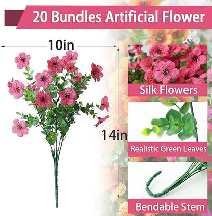 mizii Artificial Flowers for Outdoors 20 Bundles Realistic Faux Silk Flower UV Resistant Fake Plants Outside Decorations for Patio Garden Balcony Yard Porch Summer Indoor Home Decor (Pink)