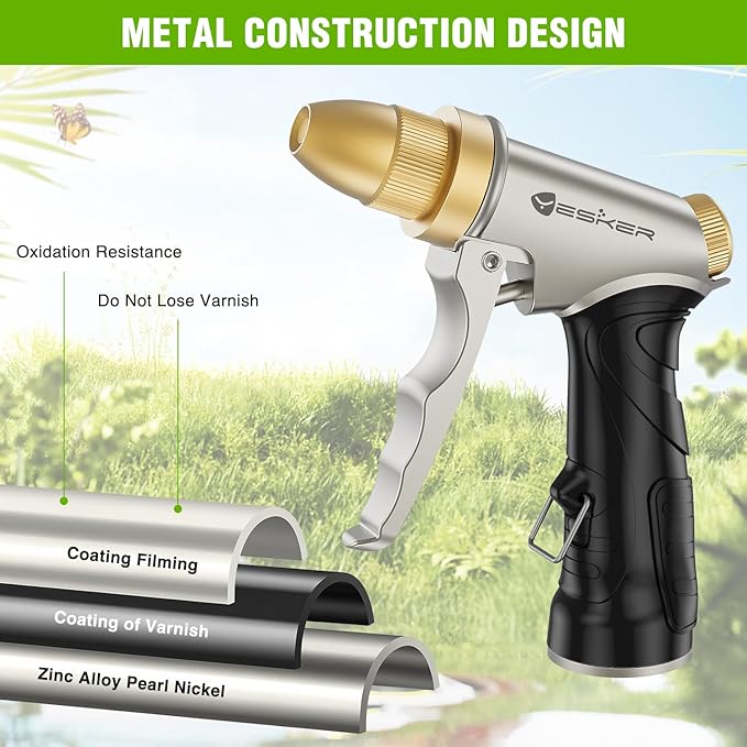 Yesker Garden Hose Nozzle Water Hose Sprayer Nozzle Adjustable 4 Spray Patterns Heavy Duty 100% Metal Brass Water Nozzles with Non-Slip Rubber Grip for Hose Outdoor Watering Plant Lawn Washing Car Pet