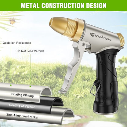 Yesker Garden Hose Nozzle Water Hose Sprayer Nozzle Adjustable 4 Spray Patterns Heavy Duty 100% Metal Brass Water Nozzles with Non-Slip Rubber Grip for Hose Outdoor Watering Plant Lawn Washing Car Pet