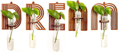 Wood Letter Wall Planter Terrariums Propagation Station with Test Tube Clear Flower Vase for Hydroponics Custom Vertical Garden Walnut DIY Home Decor Hanging Plant Holder Alphabet D
