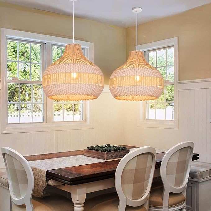 Arturesthome Rattan Chandelier for Kitchen Island,15.72" White Boho Woven Basket Pendant Light,Handmade Wicker Hanging Light for Living Room,Bedroom