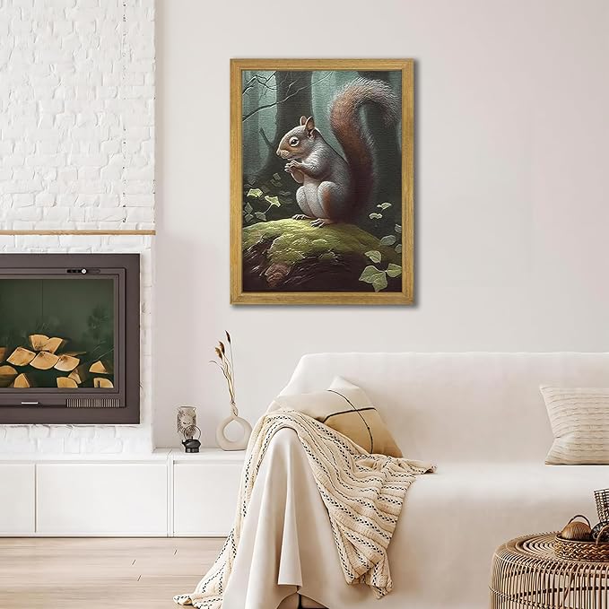 SAMHOU Framed Vintage 3D Textured Wall Art, Hand Drawn Sandstone Squirrel Prints Pictures, Dark Nature Animal Wall Decor for Living Room Bedroom Bathroom Nursery 16x24 inch