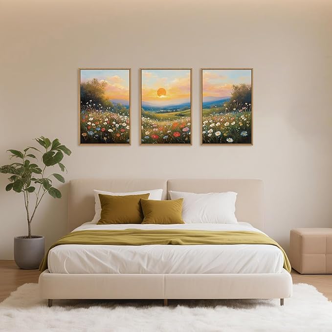 HOURIA Watercolor Sunset Floral Meadow Landscape Framed Canvas Wall Art Set,Boho Vibrant Colorful Wildflower Decor,Modern Nature Inspired Scenery Artwork for Living Room,Bedroom,Farmhouse-16 x24 x3