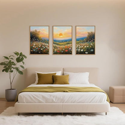 HOURIA Watercolor Sunset Floral Meadow Landscape Framed Canvas Wall Art Set,Boho Vibrant Colorful Wildflower Decor,Modern Nature Inspired Scenery Artwork for Living Room,Bedroom,Farmhouse-16 x24 x3