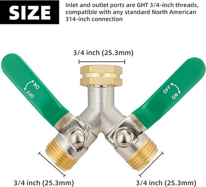 2 Way Hose Splitter, Brass High Flow Garden Hose Splitter Heavy Duty, Hose Connector, Water Spigot Splitter, Full Flow Faucet Splitter with shutoff, 3/4” GHT Inlet