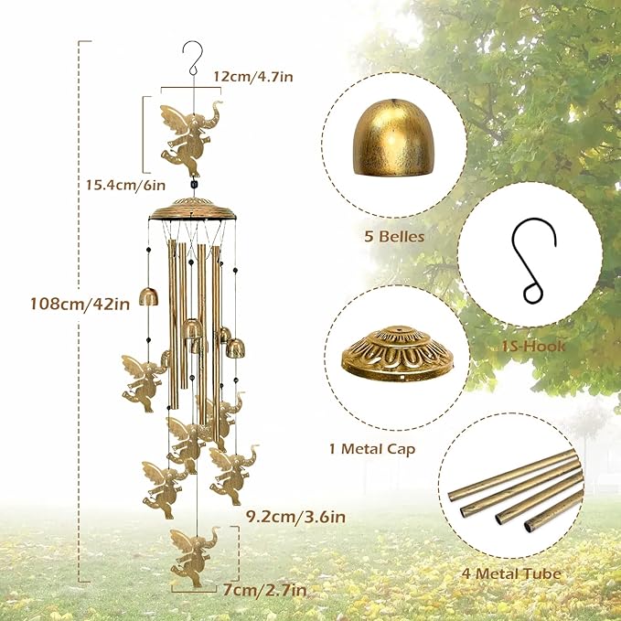 Elephants Wind Chimes for Outside,42“ Metal Wind Chime for Indoor Ourdoor Garden Yard Patio Home Porch Elephant Decor, Memorial Windchimes House Warming Birthday,Elephant Gifts for Women